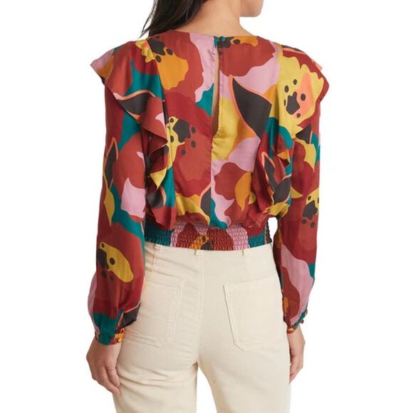 Marine Layer Top Floral Ruffle Smocked Hem Blouse Size Large - Picture 4 of 11